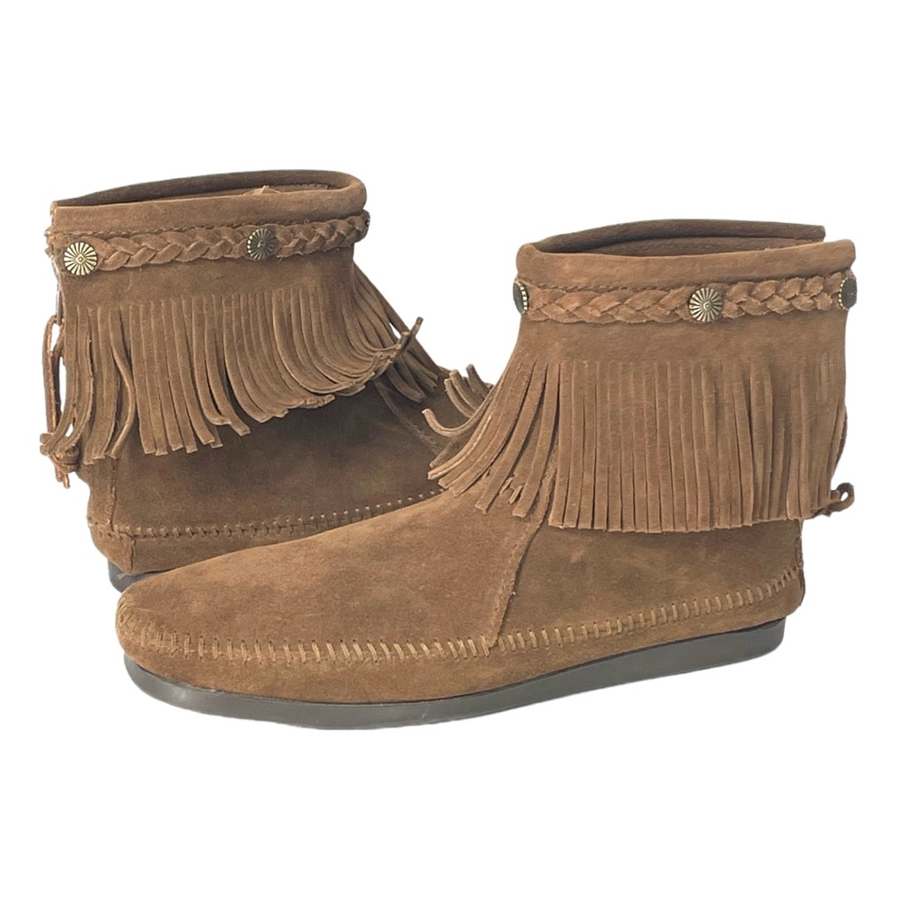 Minnetonka Brown Concho Suede Fringe Braid Ornamented Boots Size 8.5 Boho - Picture 3 of 16